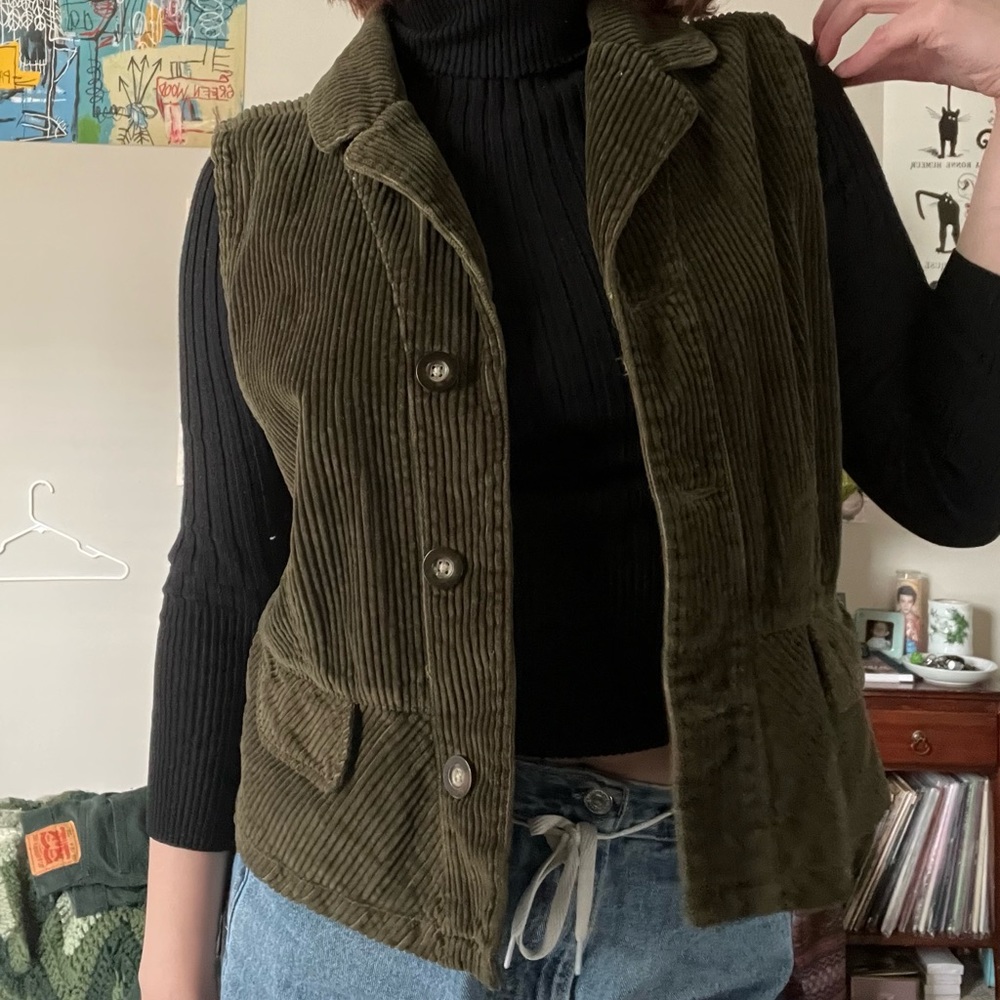 Green Corduroy Vest. Christopher and Banks. Buttoned up.